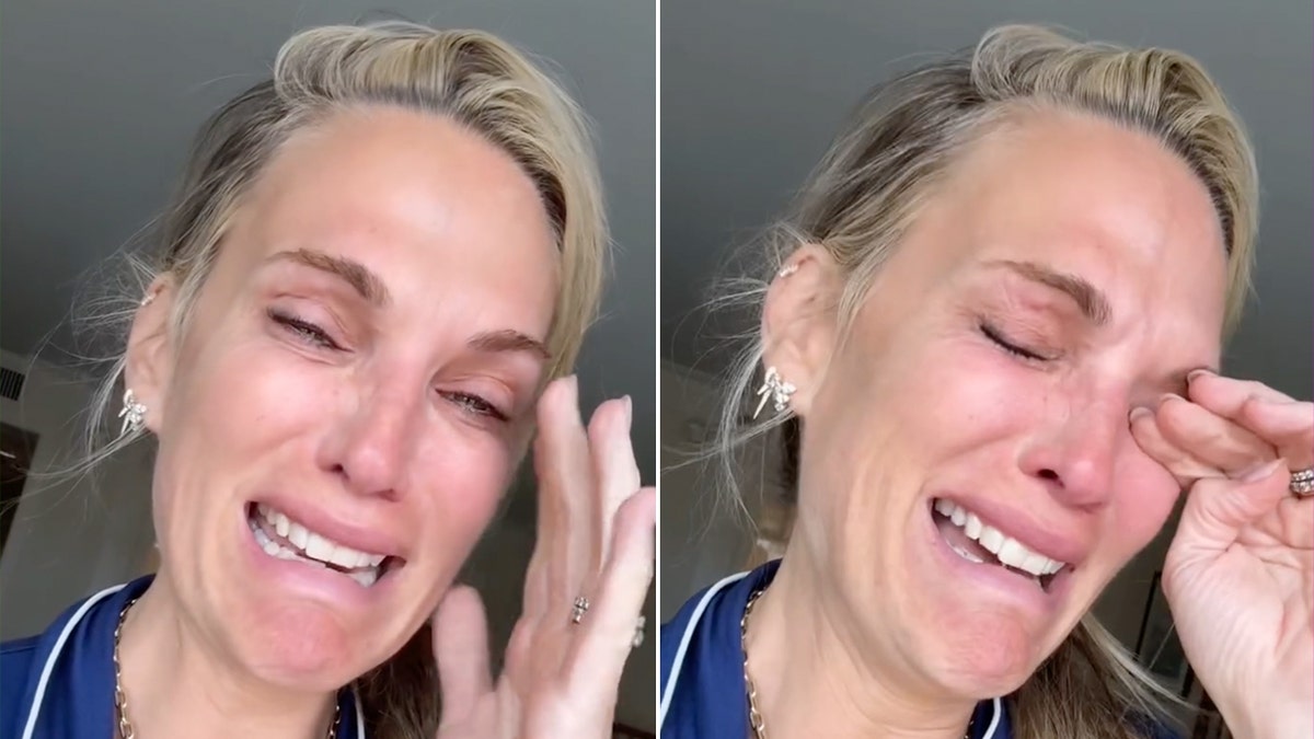 Molly Sims puts her hand to her head as she weeps on camera split Molly Sims closes her eyes and wipes her tears