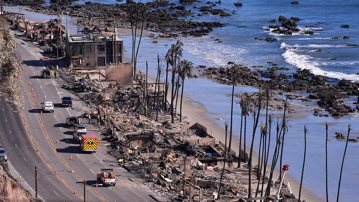 Homes along the Pacific Coast Highway were destroyed by the Palisades Fire on Sunday, January 12, 2025, in Malibu, California.