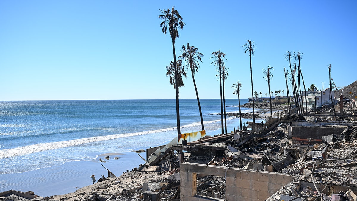 A view of the wreckage of the house in Malibu Beach during 