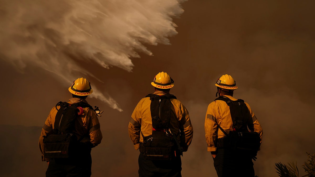 Firefighters watch water drops on the Palisades Fire in Mandeville Canyon