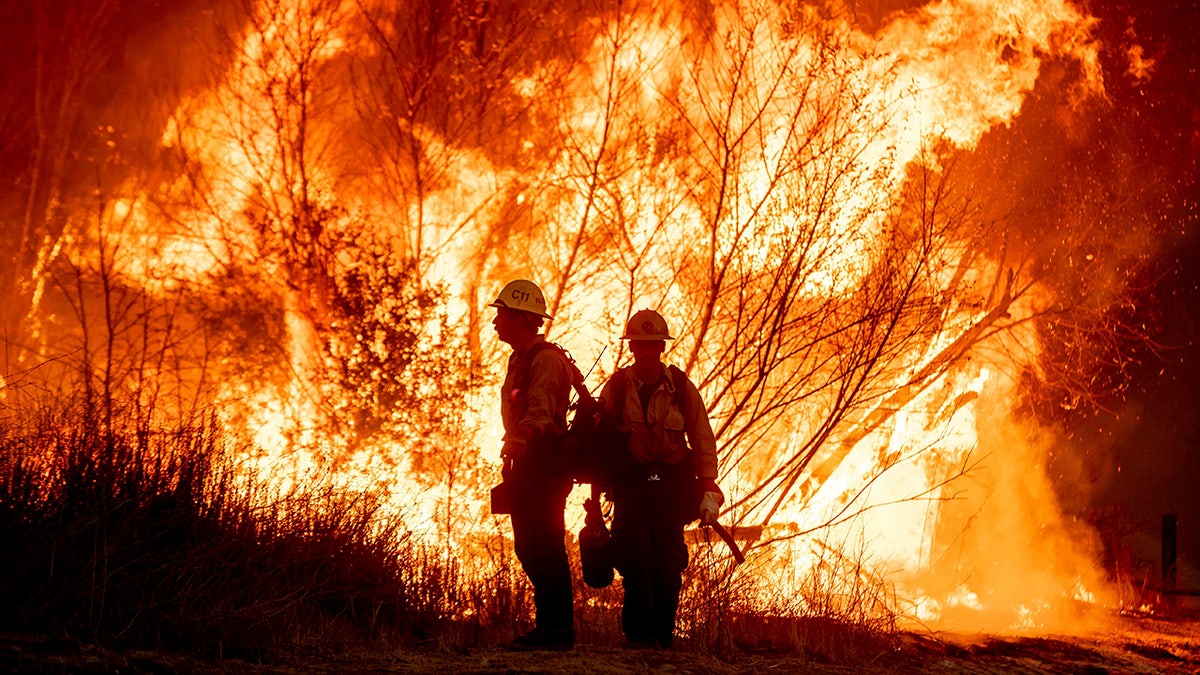 Firefighters silhouetted against flames