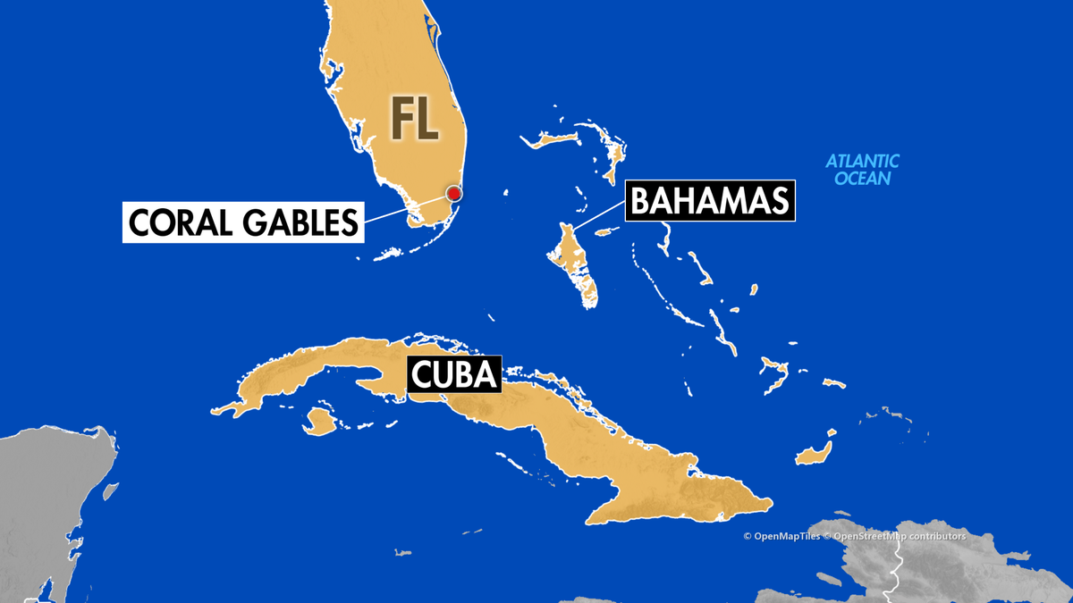 Map illustrating Cuba, the Bahamas, and Coral Gables, Florida