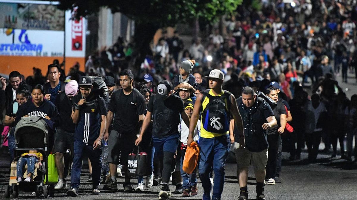 Migrants walking in a caravan