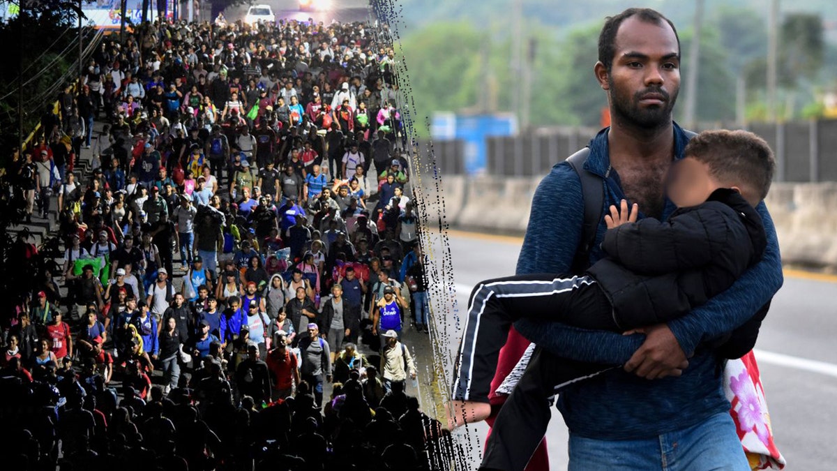 Migrant caravan and migrant carrying child