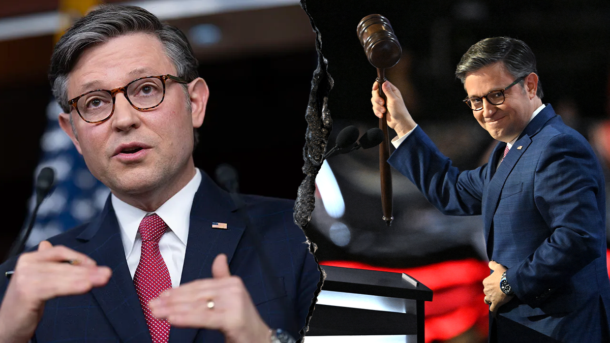 Two photos of Mike Johnson, left close-up, right holding a gavel.