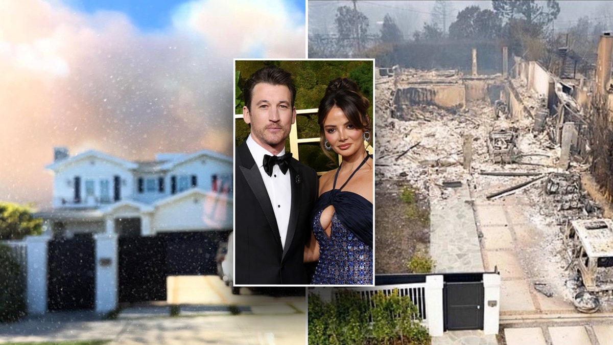 a split of the before and after of keleigh and miles teller's home with an inset of the couple