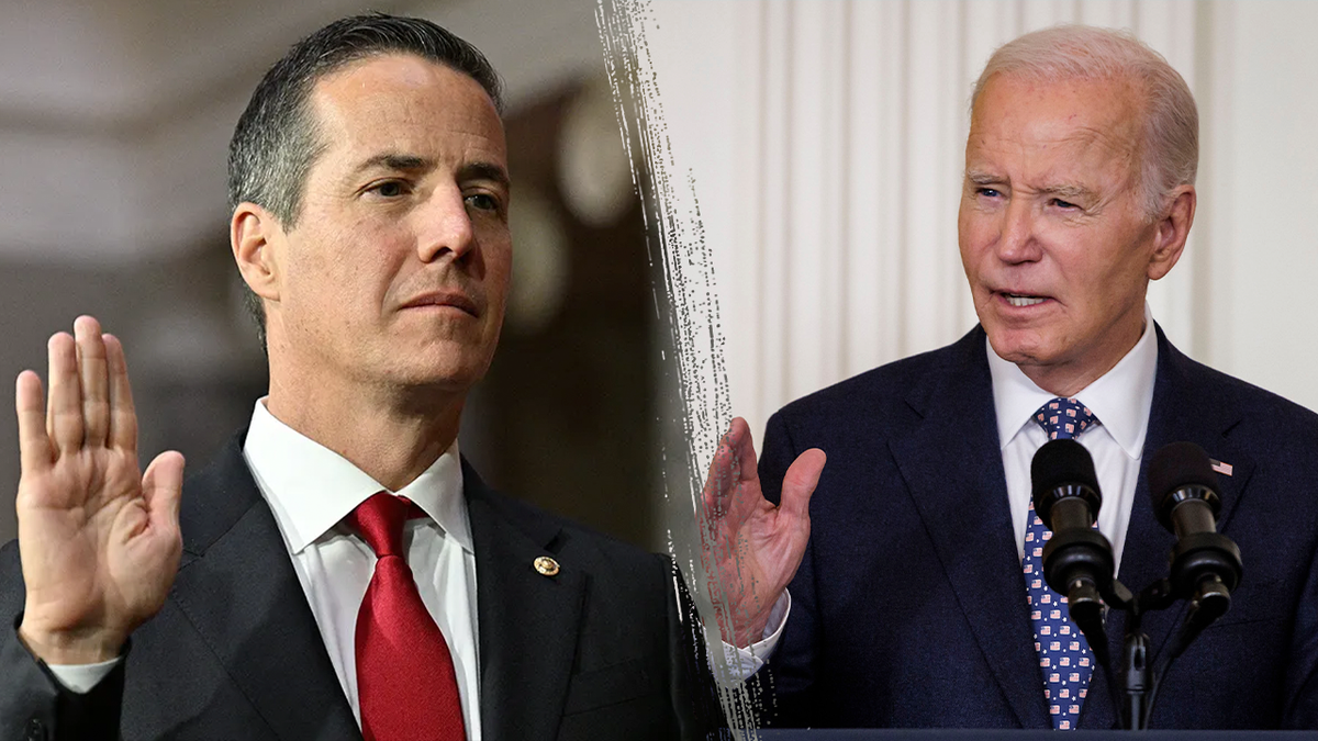 El senador Bernie Moreno, a la izquierda, y el presidente Joe Biden, a la derecha