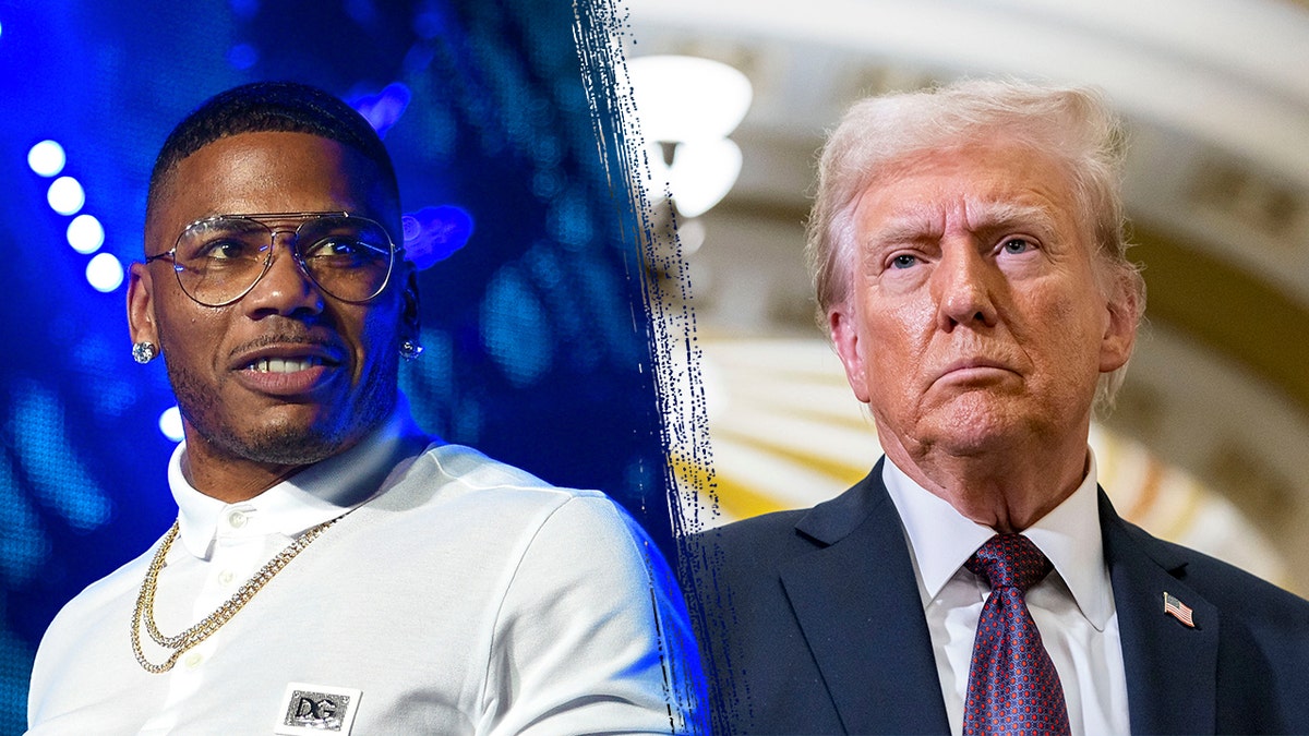 Nelly in a white polo shirt and chain necklace with transparent eyeglasses looks tohis left on stage split Donald Trump in a navy jacket and purple tie looks to his right