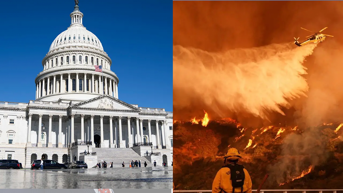 Split representation  showing the U.S. Capitol successful  a divided  with LA wildfires