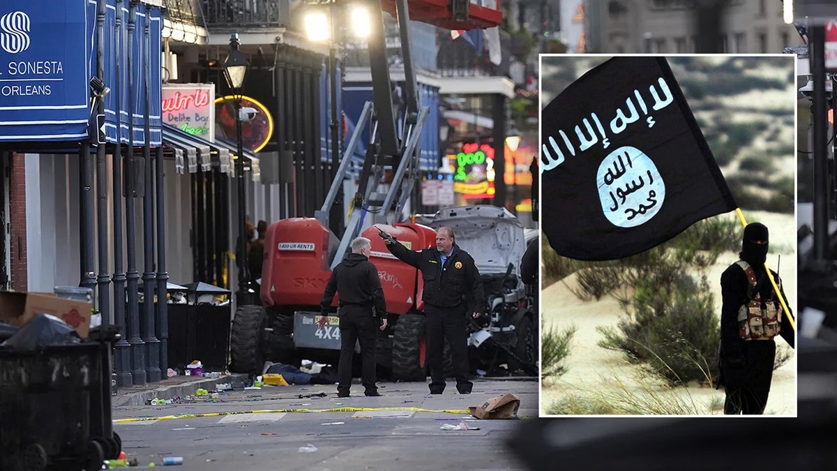 Illustration of man with ISIS flag; main image: Bourbon Street crime scene