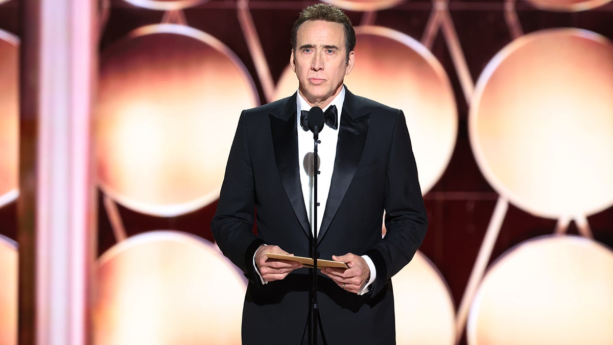 Nic Cage on stage at the 2025 Golden Globes