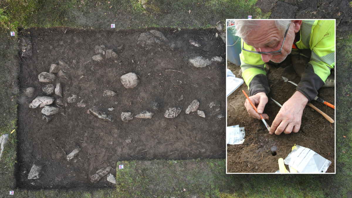 Aerial of site next to image of man working