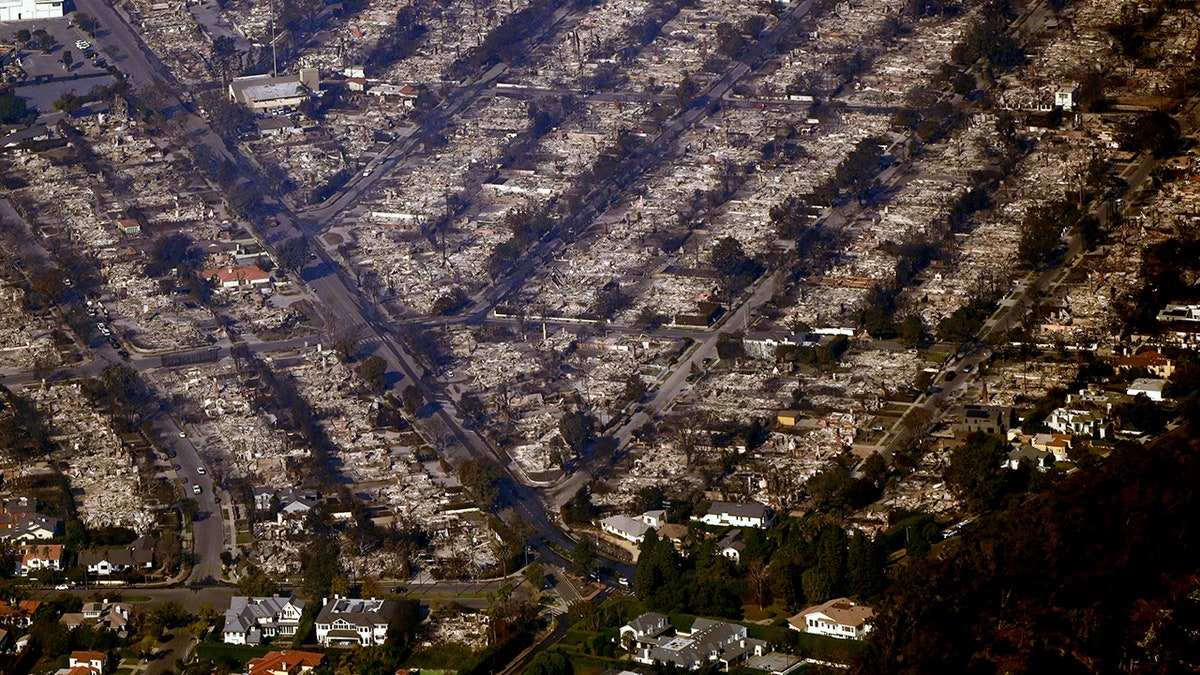 blocks of burnt-out homes in California seen from aerial shot