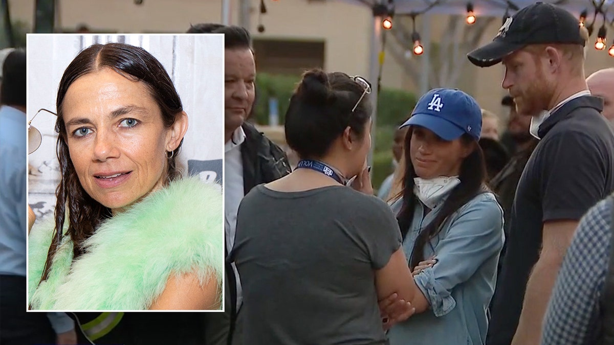 inset Justine Bateman wearing a green furry boa looks at the camera with her mouth slightly agape wide shot of Meghan Markle in a LA Dodgers hat and Prince Harry in Pasadena