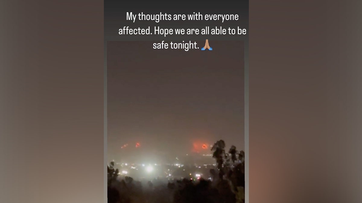 A screenshot of a video taken by Priyanka Chopra showing the Pacific Palisades wildfires from a distance