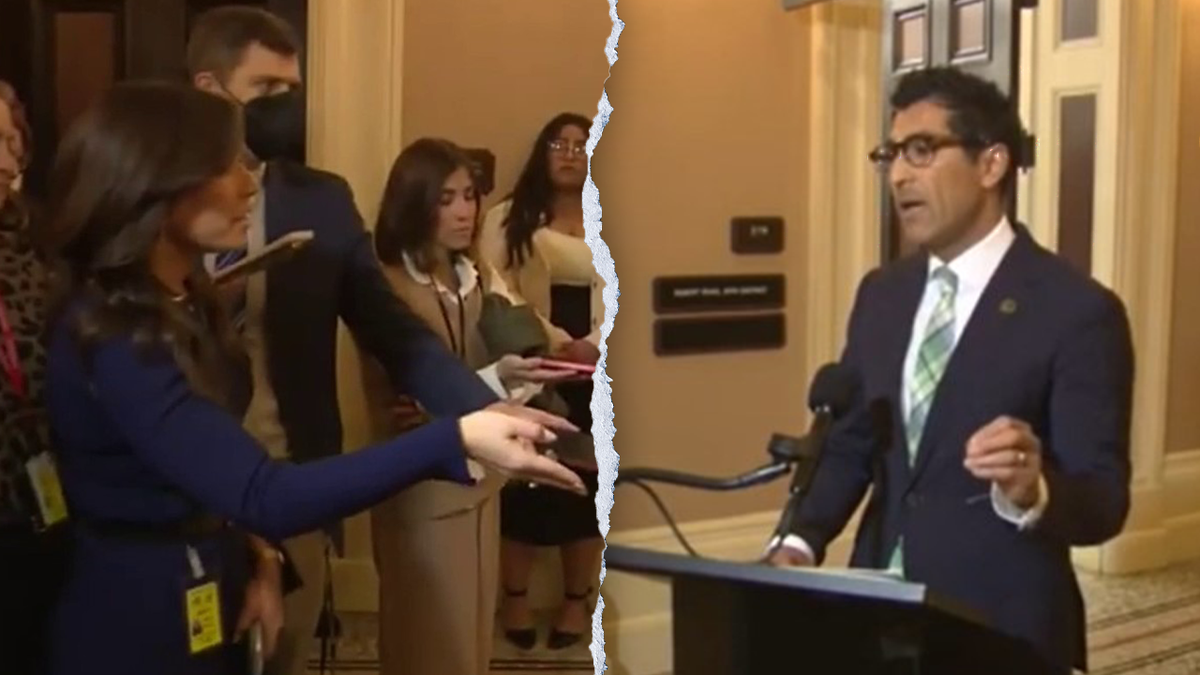 split photo, reporter, left, asking tough question of Democratic lawmaker, right