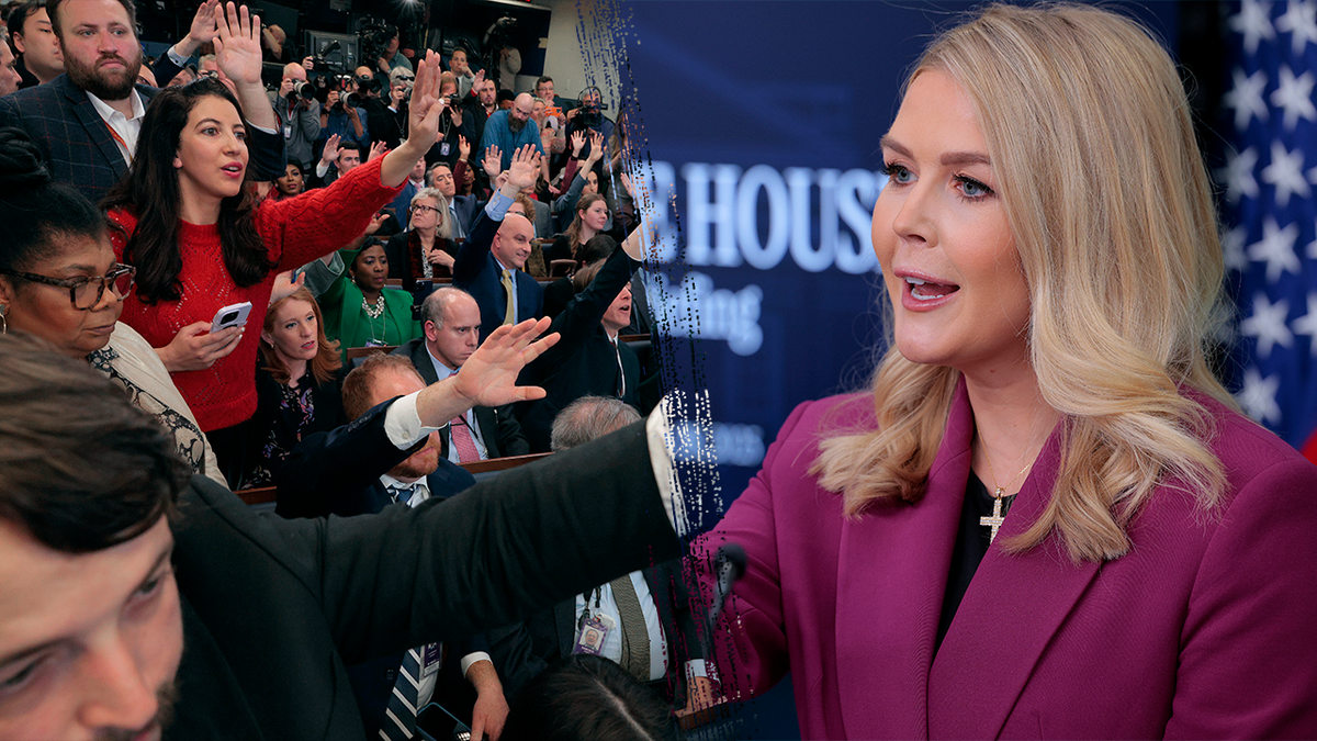 photo split: Karoline Leavitt with press in briefing room