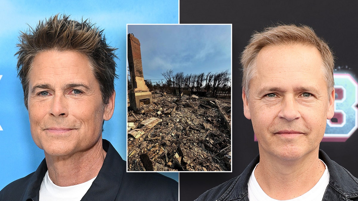 Robe soft soft smiles on a black jacket and white blouse in the carpet shared chad Lowe in a black jeans jacket and white shirt looks at the camera in the carpet in the introduction of a photo of Chad Lowe house burnt on the ground with only one standing chimney