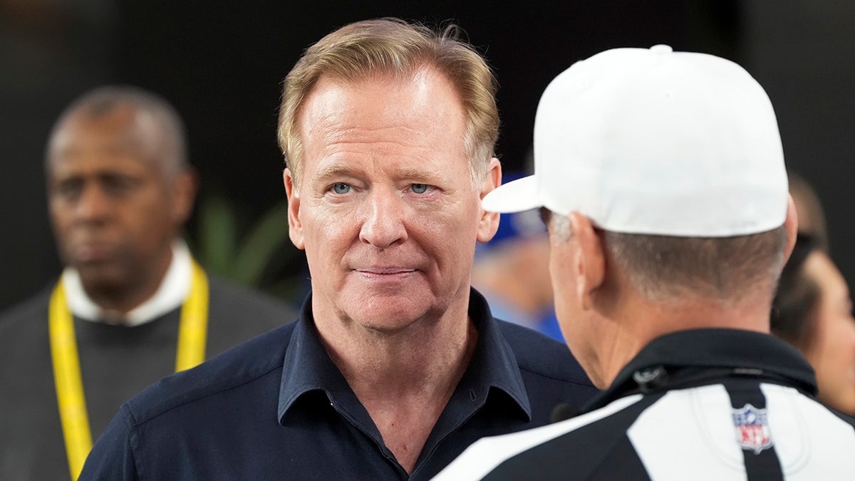 Roger Goodell speaks with John Hussey