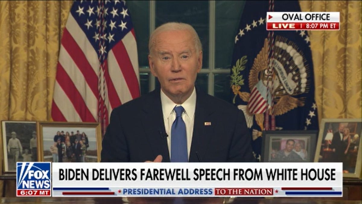 President Joe Biden delivers his farewell address to the American people in the Oval Office