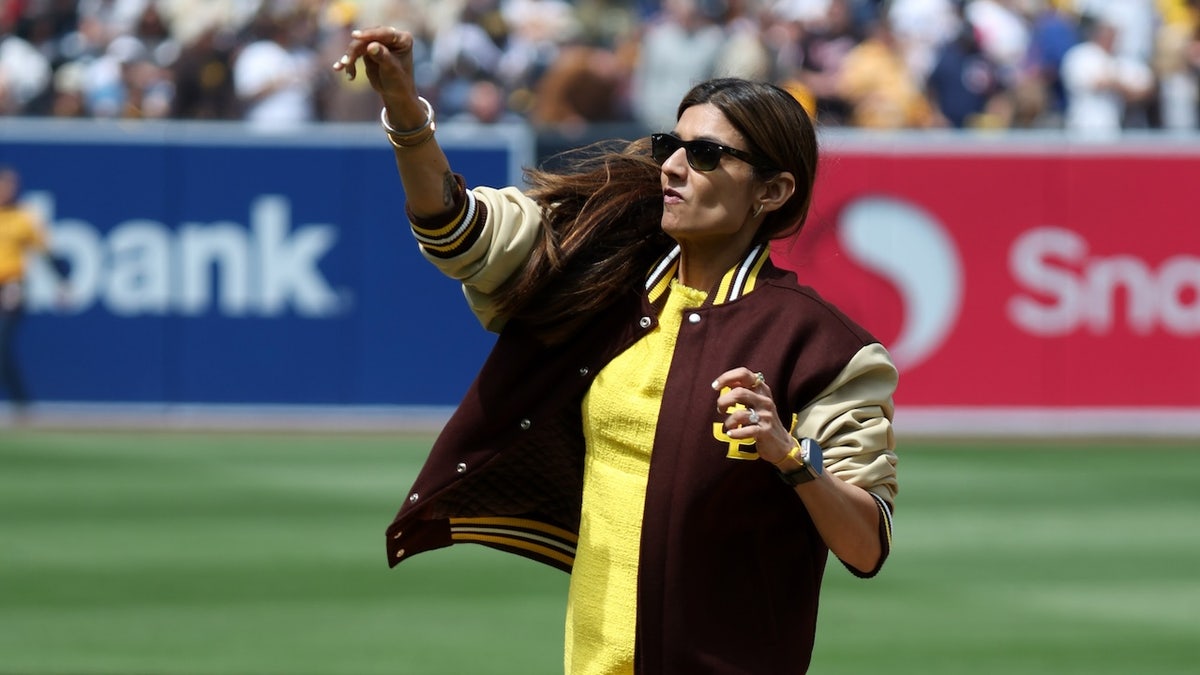 Sheel Seidler throws out the ceremonial first pitch before the game between the San Francisco Giants and the San Diego Padres at Petco Park on Thursday, March 28, 2024 in San Diego.