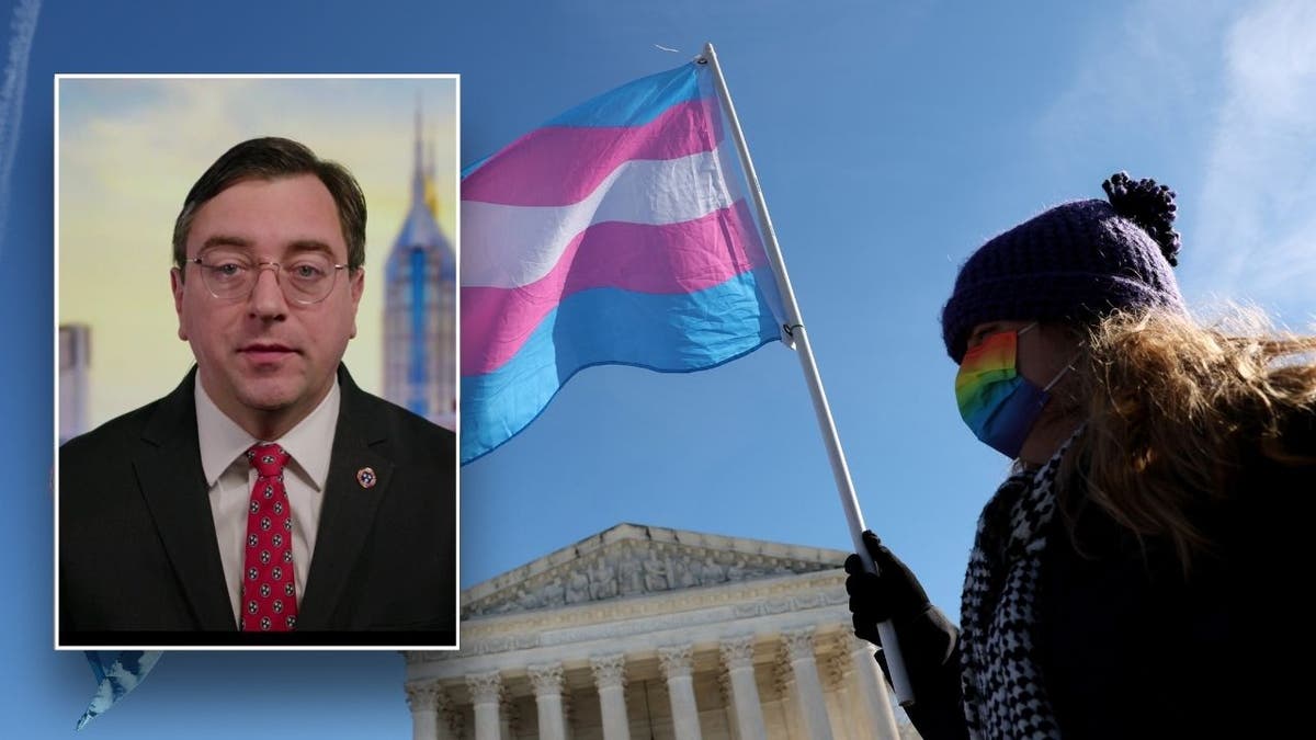 A transgender rights supporter takes part in a December 2024 rally outside the Supreme Court in Washington as it hears arguments in a case on transgender health rights. The court is hearing arguments in United States v. Skrmetti, a case concerning Tennessee's law banning gender-affirming care for minors and if it violates the Constitution’s equal protection guarantee.