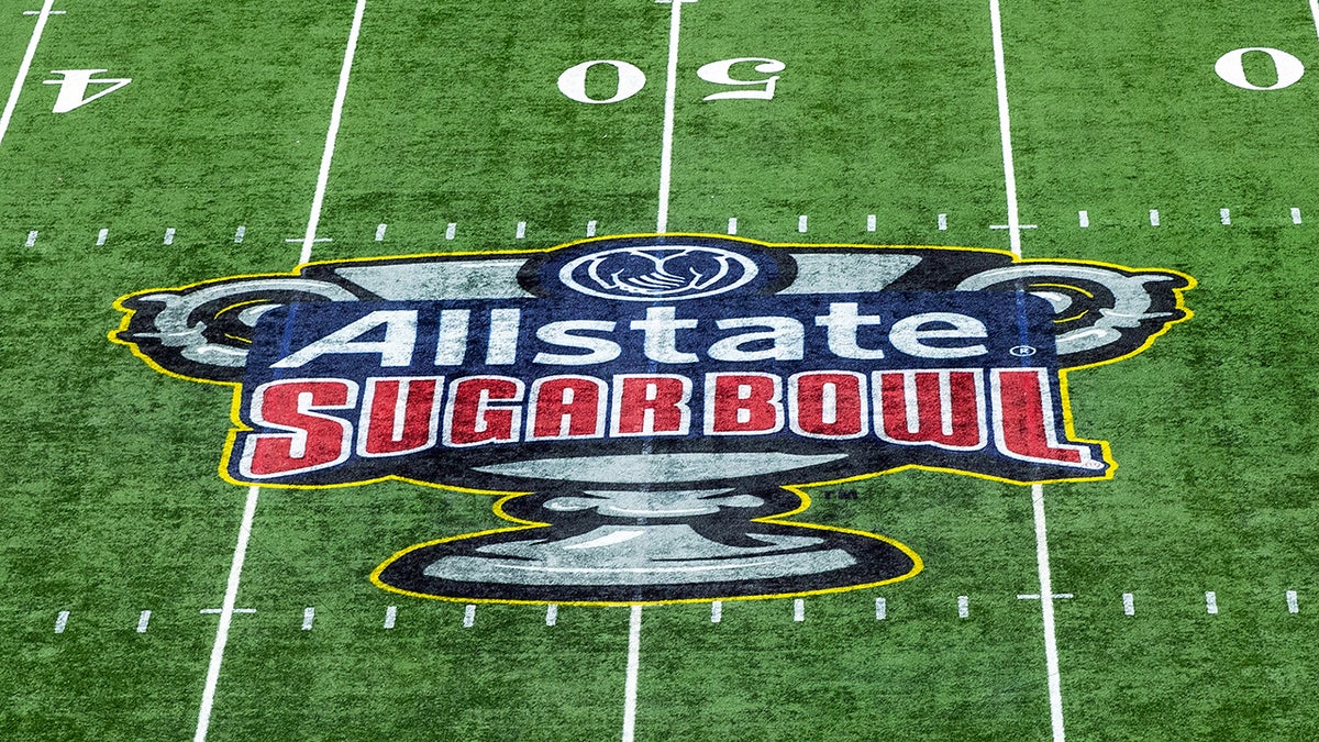 The Allstate Sugar Bowl logo at midfield during the CFP Semifinal Allstate Sugar Bowl game between the Texas Longhorns and the Washington Huskies on Jan. 1, 2024, at the Caesars Superdome in New Orleans, Louisiana. 