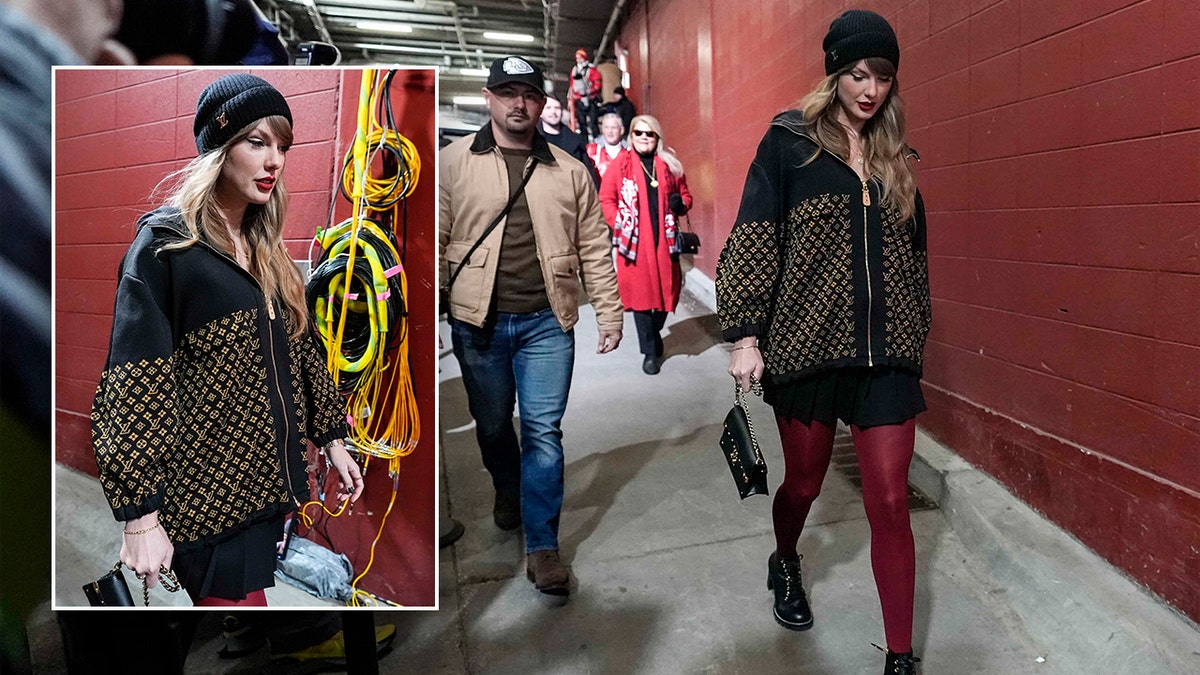 Taylor Swift in a LV monogrammed jacket walks into Arrowhead Stadium wearing red tights and black boots with her parents and brother following behind her inset a side shot of Taylor Swift's Louis Vuitton outfit