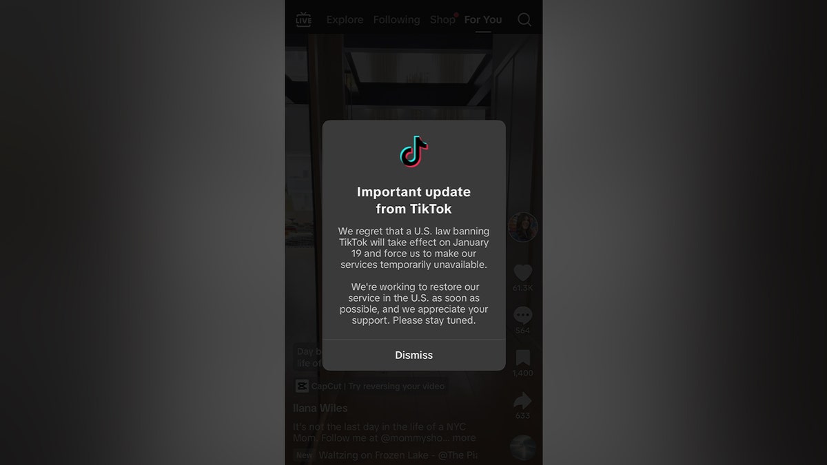 A screenshot of an update in the TikTok app on Saturday, Jan. 18, 2025.tiktok-update