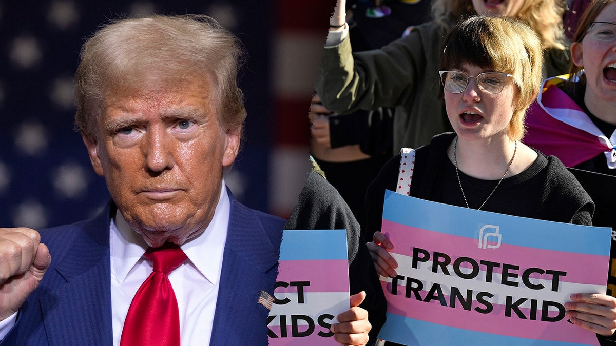 Donald Trump in a split image with an activist advocating for transgender rights