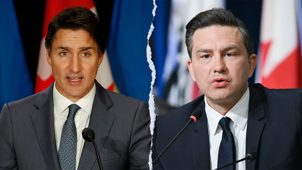 Left-right split photo of Justin Trudeau and Pierre Poièvre