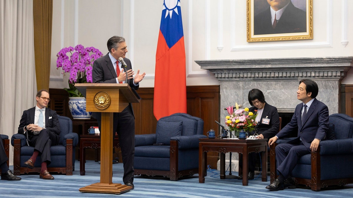 Taiwan President William Lai, right, meets President and Chief Executive Officer of the Ronald Reagan Presidential Foundation and Institute David Trulio in Taipei.