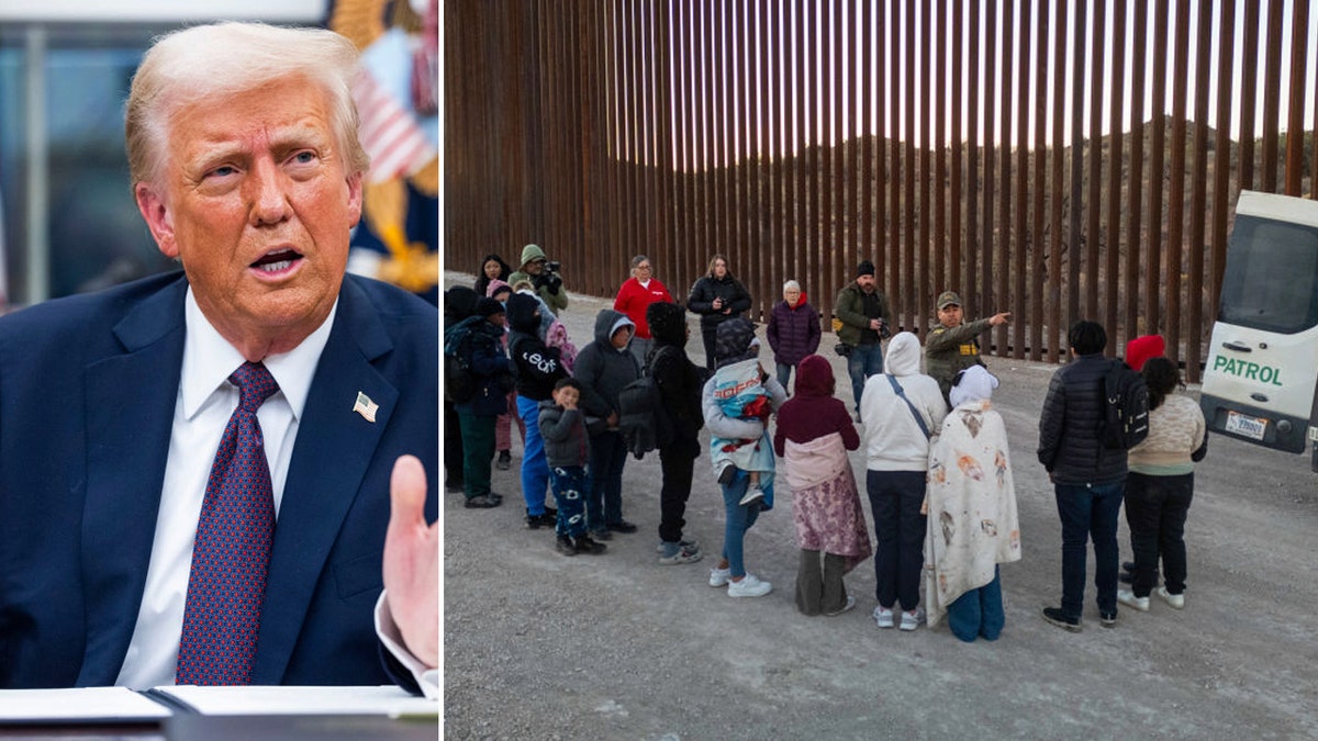 President Trump, left; migrants at border