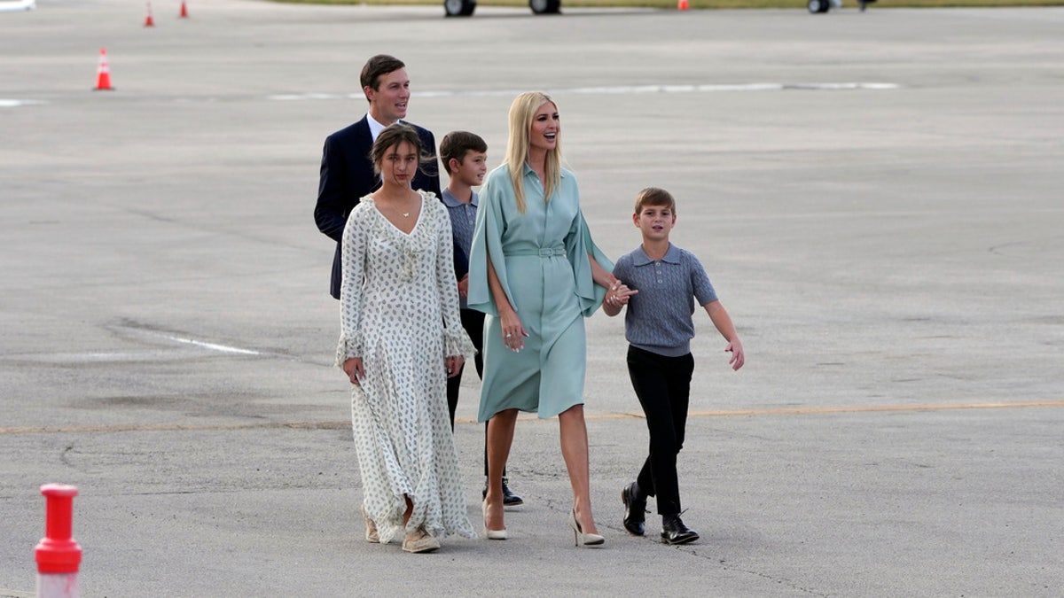 Ivanka Trump, Jared Kushner and family, arrive to board an Air Force Special Air Mission airplane as it stands ready for President-elect Donald Trump to arrive at Palm Beach International Airport, Saturday, in West Palm Beach, Fla., for travel to Washington.