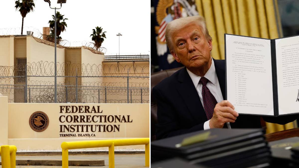 federal penitentiary, left; Trump with executive order right in photo split