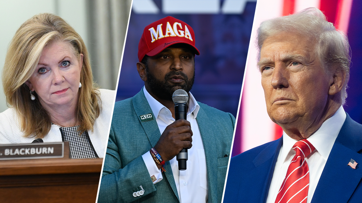 Kash Patel, center, with Sen. Blackburn, left, and President-elect Trump right