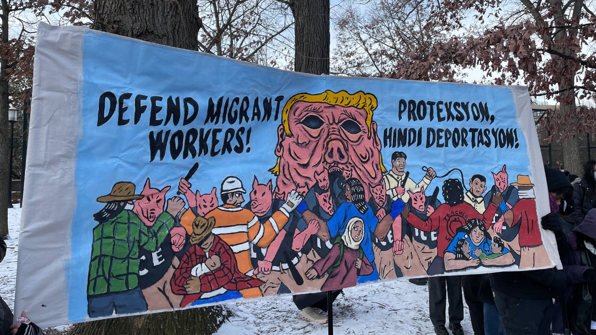 Protesters gather at the We Fight Back rally on Donald Trumps inauguration day at Meridian Hill Park in Washington DC on January 20, 2025.