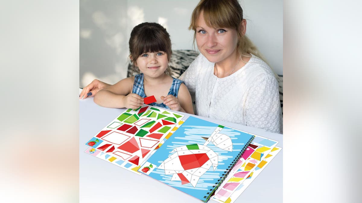 This sticker book has 20 designs to create mosaic-like pictures. 