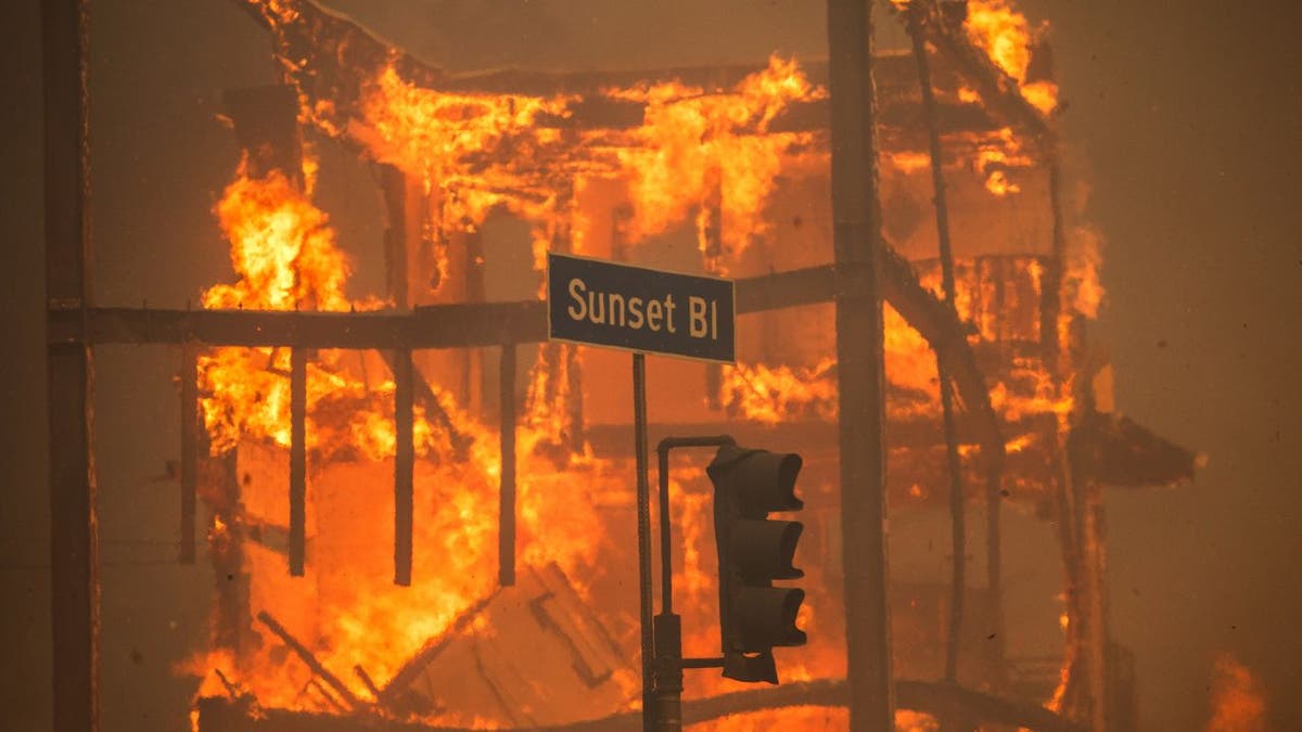 Flames from the Palisades fire destroy a building on the Sunset Strip