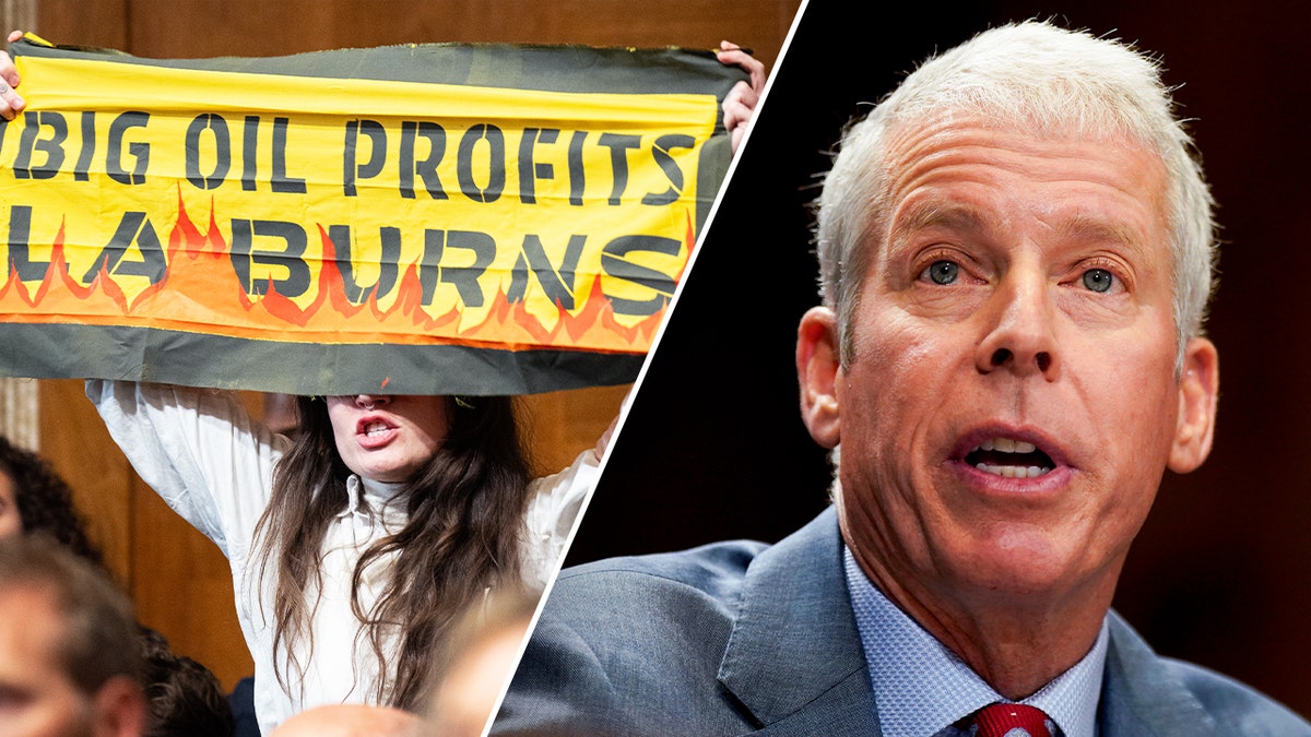 Energy Department Secretary Chris Wright (right) is juxtaposed in this split-image next to a photo of an environmentalist protester holding up a sign reading 'BIG OIL PROFITS. LA BURNS." 