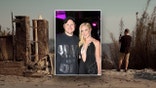 Background a picture of Spencer Pratt taking a picture of his destroyed Pacific Palisades home front and center a photo of Spencer and Heidi Pratt smiling for the camera at an event