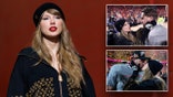 Taylor Swift walks down a hallway wearing a Louis Vuitton jacket and hat inset a photo of her looking up at Travis Kelce on the field after the AFC championship game and a photo of them kissing while Travis is wearing a hat