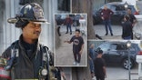 Left a picture of Brian J. White in a firefighters uniform in an episode of "Chicago Fire" other three photos a picture of Brian J. White in a dark t-shirt standing near a detained person