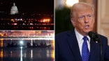 Donald Trump in split image with scenes from the DC plane crash