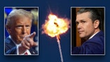 Donald Trump and Pete Hegseth headshots inserted over an Iron Dome missile interception