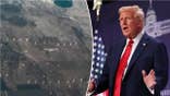 Windmills seen from the air and President Donald Trump in a separate photo.