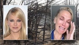 A photo of a destroyed house and burnt trees with Anna Farris inset left and a crying Molly Sims inset right