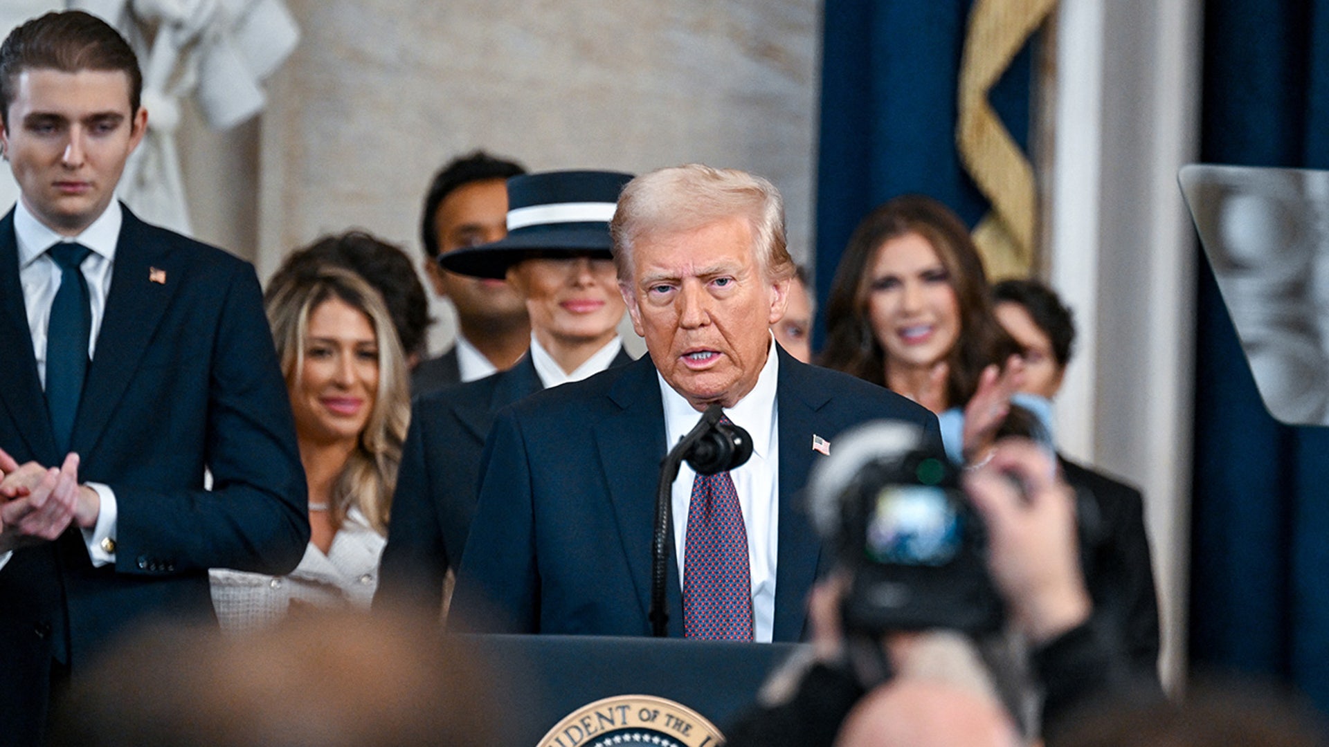 U.S. President Donald J. Trump speaks after being sworn in during the ceremony for the inauguration