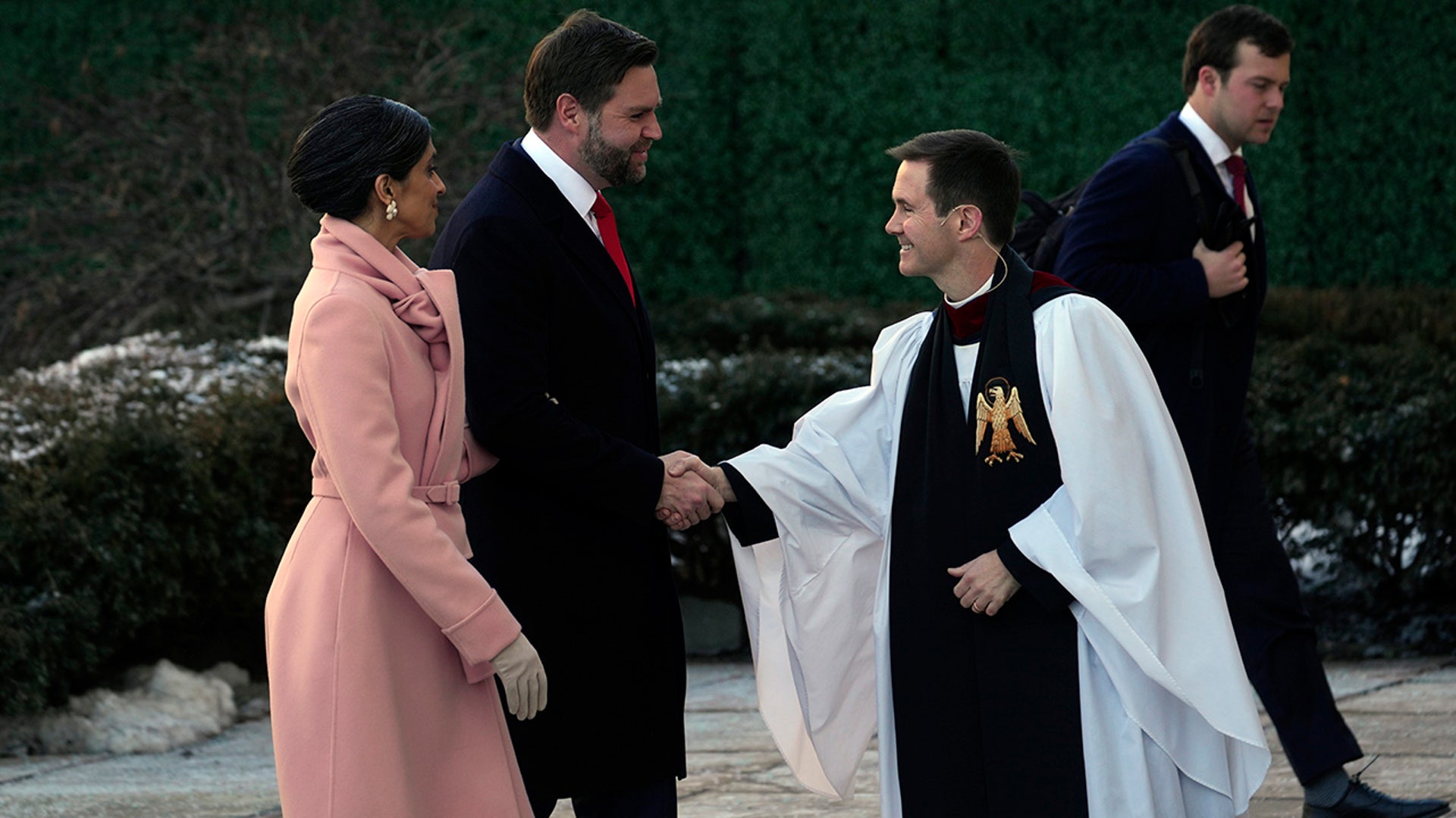 Vice President-elect JD Vance, center, and his wife, Usha Vance are greeted arsenic  they get  for a religion  work  to beryllium  attended by President-elect Donald Trump and his woman  Melania