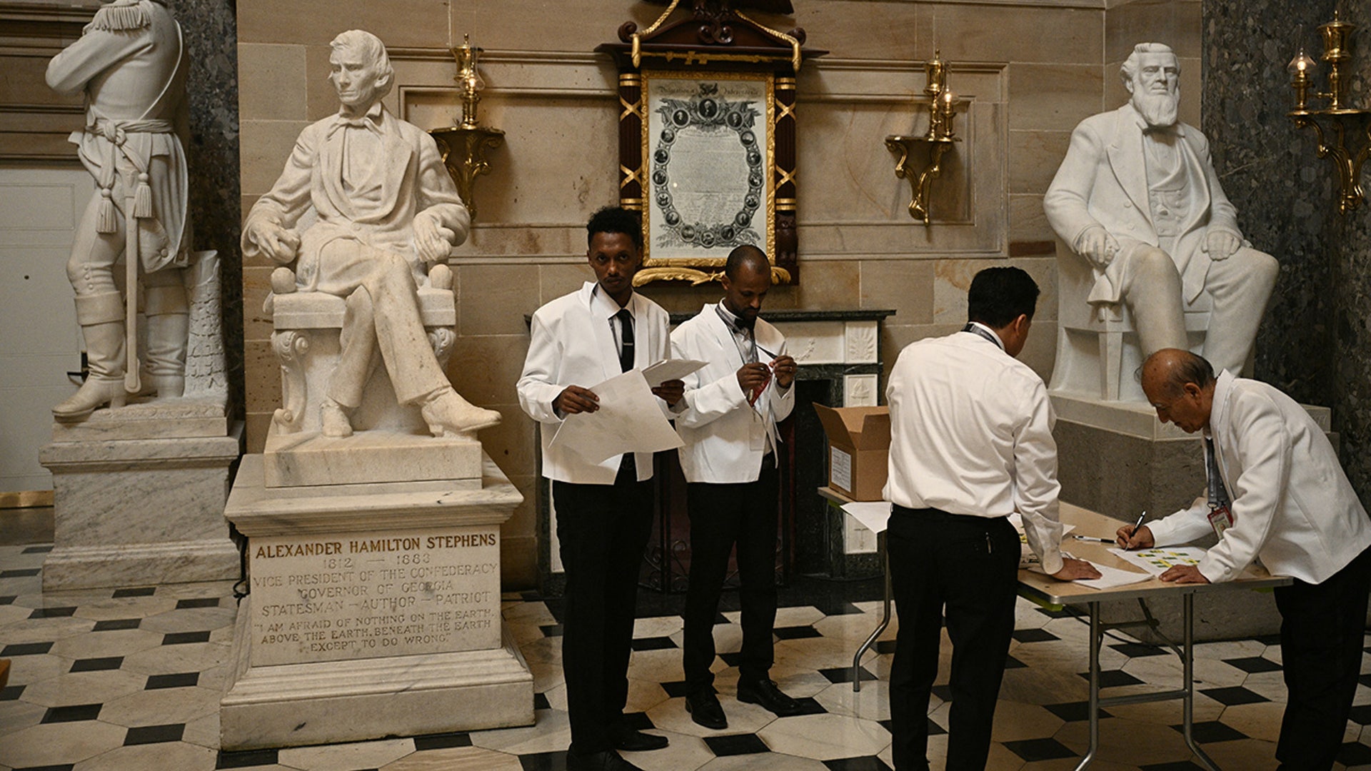 Catering unit   hole   for a luncheon successful  Statuary Hall that volition  travel  the inauguration ceremonial  wherever  Donald Trump volition  sworn in